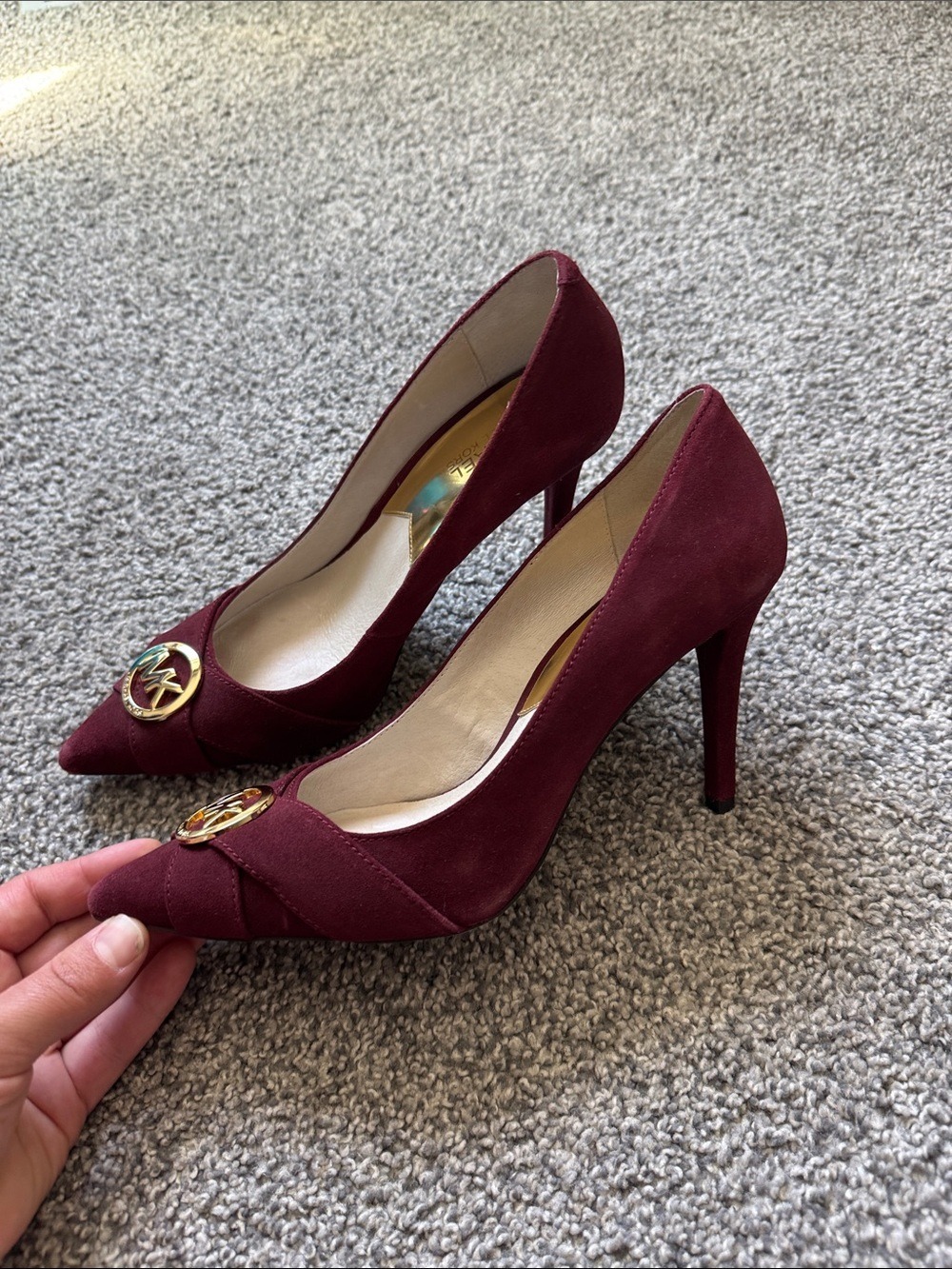 Michael Kors Wine Pointed Toe Pumps with Gold MK Medallion - Picture 5 of 7